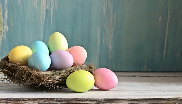 nest of easter eggs on a table with rustic wooden background