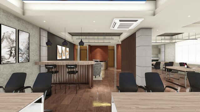 Interior design of office space with false ceiling and wood panels 3d visualization