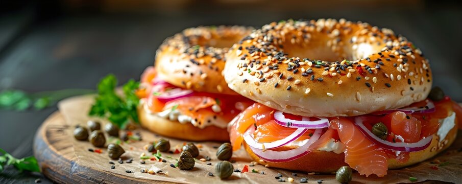 Colorful Bagel with Cream Cheese and Lox Topped with Capers and Onions. Concept Bagel, Cream Cheese, Lox, Capers, Onions