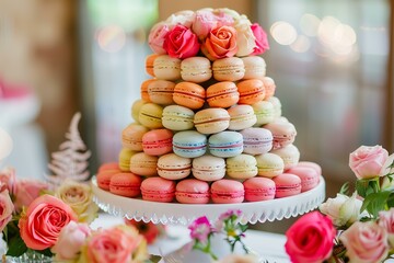 colorful macaroons stacked in pyramid shape with roses at a wedding reception