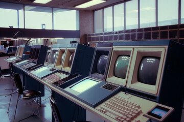 a vintage computer room with rows of old-fashioned monitors and processing units.