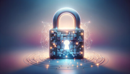 Shimmering padlock representing blockchain security on tranquil chromatics background.