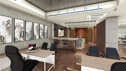 Interior design of office space with false ceiling and wood panels 3d visualization