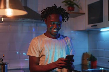 A man is smiling while looking at his cell phone in a kitchen. Scene is lighthearted and casual, as the man is enjoying his time on his phone