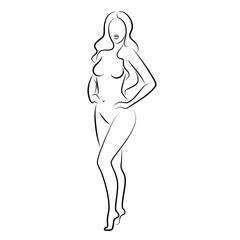 Silhouette of a nice lady, she is standing. The girl has a beautiful naked figure. The woman is a young sexy and slender model. Vector illustration.