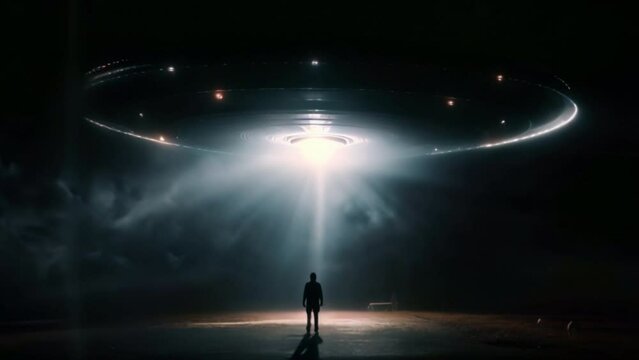 A man looks at a UFO or alien floating above a rice field in the clouds. floating above the sky flying objects like spaceships and alien invasion, extraterrestrial life, space travel, spaceships	
