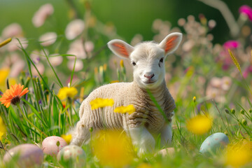 Adorable Lamb in Spring Meadow with Easter Eggs. The symbol of Jesus Christ as the Lamb of God.