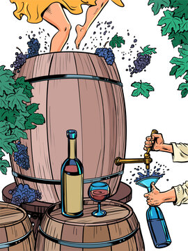 The process of creating wine and drinking it instantly. A large barrel of grapes, women's feet crushing them, a man pouring a drink into a bottle. Alcoholic drinks with incredible taste. Alcoholic