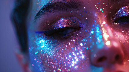 A close-up shot of shimmering glitter makeup adorning a flawless face, glistening under studio lights
