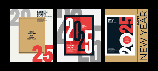2025 Colorful set of Happy New Year posters. Abstract design with typography style. Vector logo 2025 for celebration and season decoration, backgrounds for branding, banner, cover, poster and more.