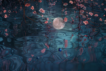 A moonlit river reflects abstract plum blossoms. Their petals merge with ripples, blurring boundaries.