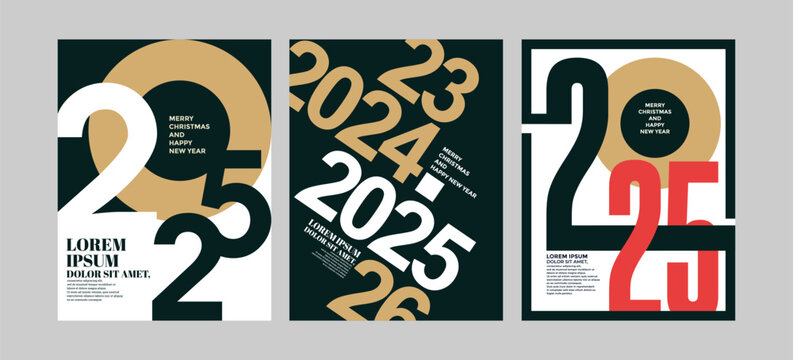 2025 Colorful set of Happy New Year posters. Abstract design with typography style. Vector logo 2025 for celebration and season decoration, backgrounds for branding, banner, cover, poster and more.