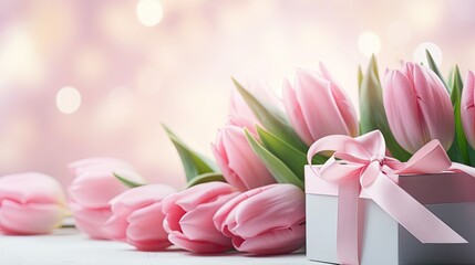 gift box filled with pink tulips on table, feminine empowerment and international womens day.