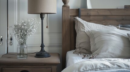 Wooden bedside cabinet and lamp on it near bed with fabric headboard against window. Scandinavian, province style interior design of modern bedroom.