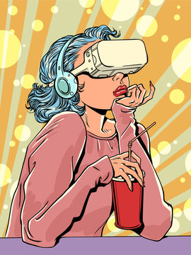 A girl wearing headphones and VR glasses sits in a cafe. An alternative reality against the backdrop of our everyday life. New opportunities for socialization and education.