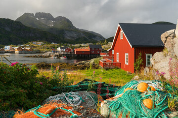 Fischernetze in Sorvagen, Moskenesoya, Lofoten, Nordland, Norwegen