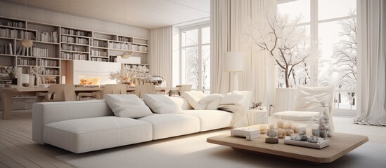 A living room filled with white furniture, including a sofa, chairs, and tables, illuminated by natural light pouring in through numerous large windows. The room appears spacious and airy,