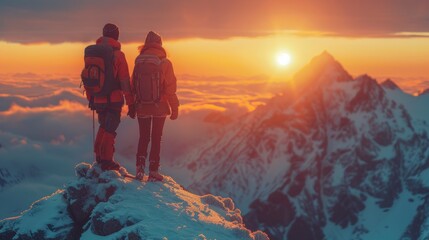 two hikers climbing to the top of a mountain at dawn. They are bound together by a safety rope, helping each other up the rocky terrain