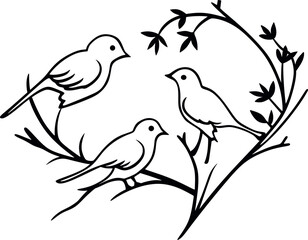 Two birds on a branch. Black and white layout for laser cutting on wood and vinyl. Wall decoration for a stylish room.