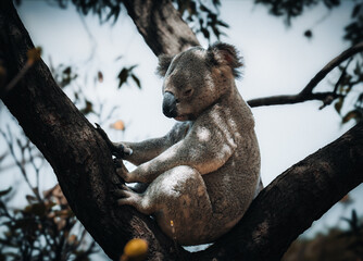 Koala on the smooth bark of a big branch under the leaves of a eucalyptus tree in Magnetic Island, Townsville, Queensland, Australia