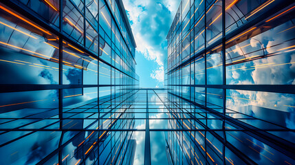 Reflective Glass Facade of Modern Office Building, Urban Architectural Elegance, Blue Sky and City Reflections - Powered by Adobe