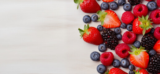 Whitewashed wooden background with strawberries, blueberries, and blackberries, raspberry.