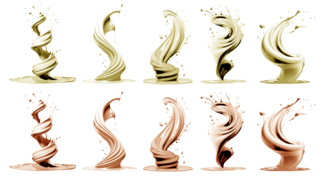 2 Set of pastel light yellow orange cream liquid paint ink splash swirl wave on transparent background cutout, PNG file. Many assorted different design. Mockup template for artwork graphic design