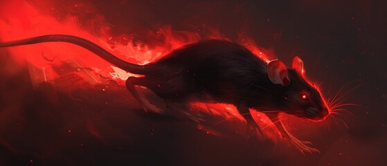  a painting of a rat on fire with red light coming out of it's mouth and a black tail.