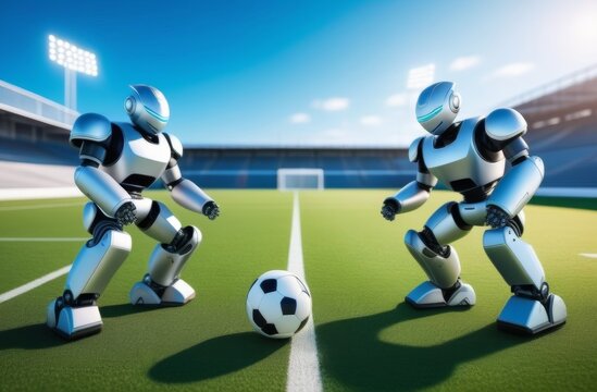 Robots playing a football in stadium. Two robot players play game in arena.