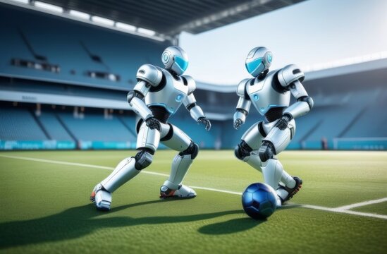 Robots playing a football in stadium. Two robot players play game in arena.