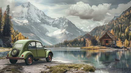 A retro-style digital painting of a green Citroen car near a lake with a cabin and mountains.