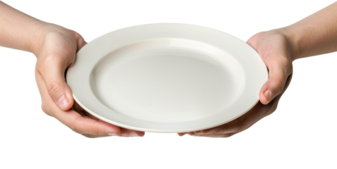 hand holding a plate cut out transparent isolated on white background ,PNG file.