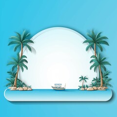 Fototapeta na wymiar Card template with coconut tree on little island and cute boat on blue background for cute and travel design