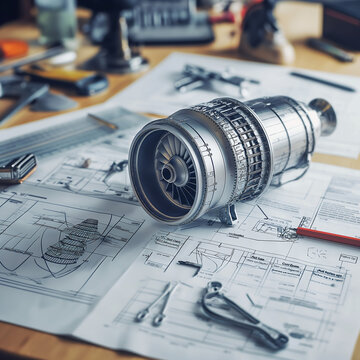 A highly detailed model of a jet engine rests on complex aerospace engineering blueprints, surrounded by design tools