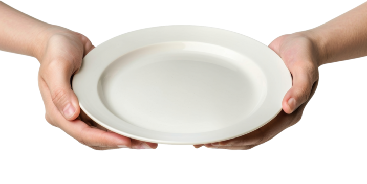 hand holding a plate cut out transparent isolated on white background ,PNG file.