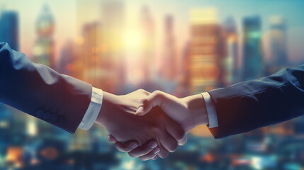 Close up of handshake on abstract city background.Teamwork concept. Double exposure. Filtered image. Business handshake - obrazy, fototapety, plakaty
