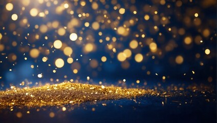 abstract background with Dark blue and gold particle. Christmas Golden light shine particles bokeh on navy blue background. Gold foil texture. 
