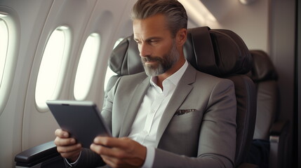 Fototapeta na wymiar Business man on a plane using an ipad/tablet. Businessman in suit with tablet on airplane