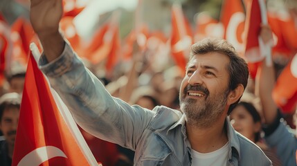 Fototapeta premium Turkish people celebrating and holding Turkey flags