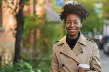 Mujer joven afroamericana sosteniendo un café en su mano, vistiendo gabardina y jersey negro...