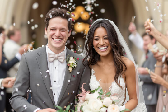 Pareja de hombre y mujer reci&eacute;n casados saliendo sonrientes de una iglesia, ella con vestido blanco de tirantes, velo y ramo  y el traje gris con pajarita , con invitados lanzando confetti de colores