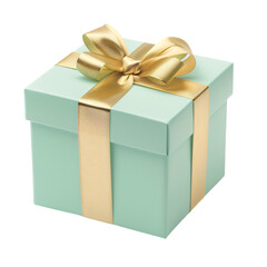 Mint green square gift box with a gold ribbon on an isolated background