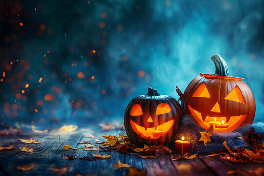 Background for halloween display with carved pumpkins and lit candles on a rustic wooden floor.