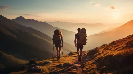 Deurstickers Group of sporty people walks in mountains at sunset with backpacks. Mountain travel hike people adventure man summer journey tourism group sunset trekking © decorator