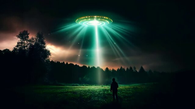 A man looks at a UFO or alien floating above a rice field in the clouds. floating above the sky flying objects like spaceships and alien invasion, extraterrestrial life, space travel, spaceships	