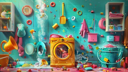 Colorful laundry room chaos in 3D  - A whimsical 3D  image depicting a wildly messy laundry room with vibrant colors - obrazy, fototapety, plakaty