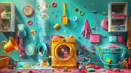 Deurstickers Colorful laundry room chaos in 3D  - A whimsical 3D  image depicting a wildly messy laundry room with vibrant colors © Mickey