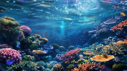Fototapeta na wymiar Colorful reef with variety marine species - A beautiful underwater scene illustrating the diversity of life in a coral reef with fish swimming among the corals