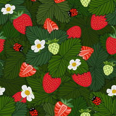 seamless strawberry pattern with ladybugs and flowers - Vector illustration