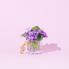Beautiful natural violets flowers in a vase and a treble clef. Copy space. Pastel purple...
